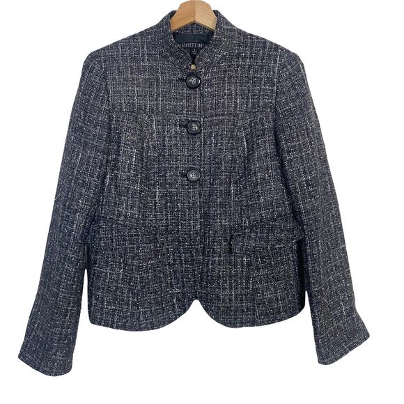 Lafayette 148 New York Gray Tweed Wool Blend Button-Down Mock Neck Jacket Size 4 - Picture 1 of 10